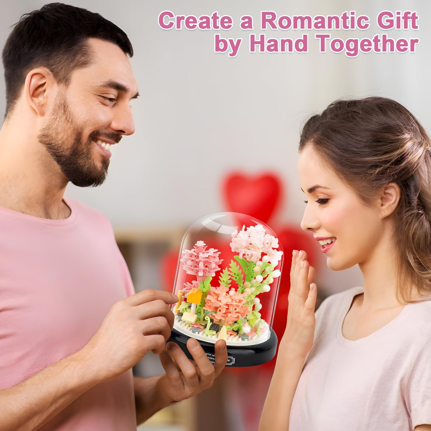 High Godo Flower Bouquet Building Set With Dust Cover, 624Pcs Pink Rose Bonsai Tree Collection Kit, Birthday For Mom Women Girlfriend Adults 12+