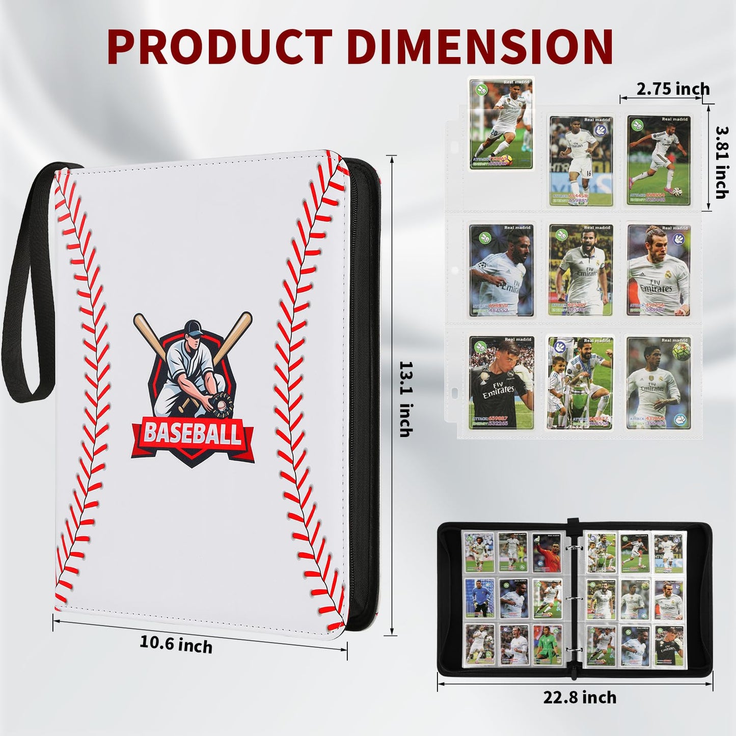 Baseball Trading Card Binder 9 Pocket  enhanced Zip Trading Card Binder  Waterproof 720 Double Sided Pocket PU Collection Binder  Card Album for YuGiOh  MTG  TCG  Game Cards & Sports Cards (White 3)