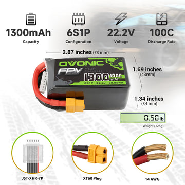 OVONIC 6S Lipo Battery 100C 1300mAh 22.2V Lipo Battery with XT60 Connector for RC FPV Racing Drone Quadcopter