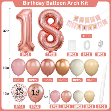 18Th Birthday Decorations For Girls,Rose Gold 18Th Birthday Balloon Arch Garland Kit With Happy 18Th Birthday Number 18 Foil Bal