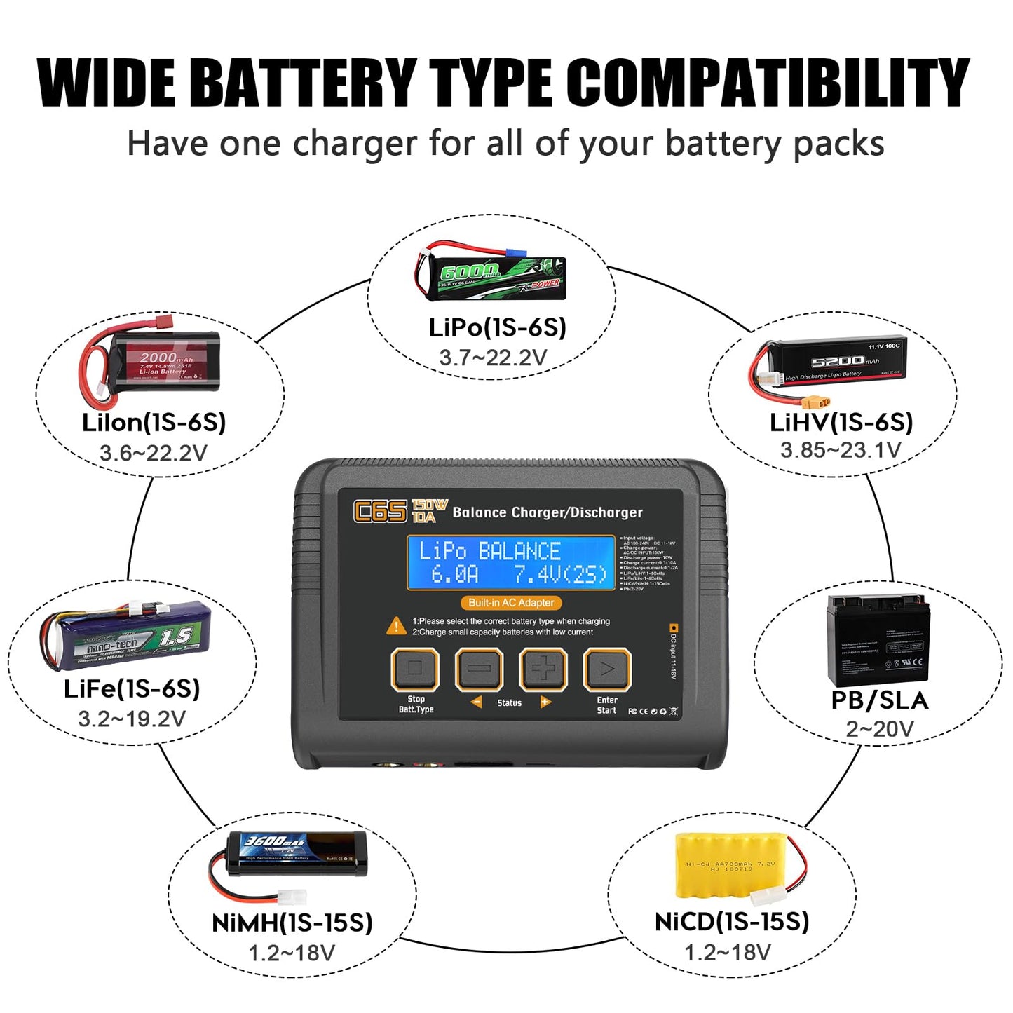 Lipo Battery Charger,150W 10A Rc Car Charger 1S-6S Lipo Balance Fast Charger Discharger For Lipo/Li-Ion/Life Battery(1-6S) Nimh/