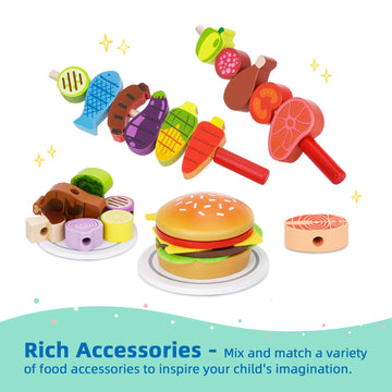 OOOK Wooden Play Barbecue Toy Grill, Kids Grill Playset with Play Food and Grilling Tools, Play Kitchen Accessories for Toddlers