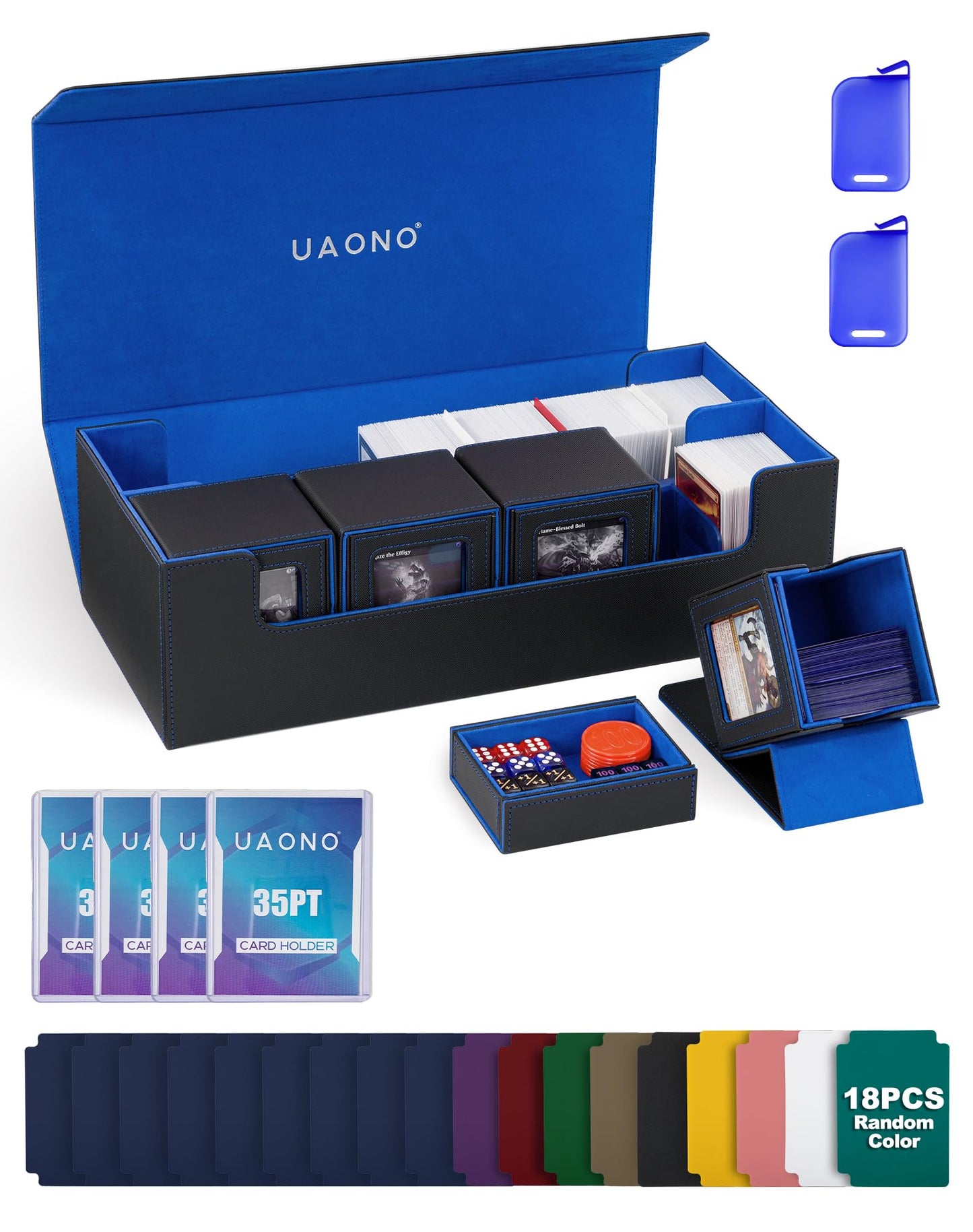 UAONO Card Storage Box for Trading Cards  5 in 1 Card Deck Case with 4 Pcs Small Commander Deck Box  Large Card Box for MTG/TCG/PTCG Magic Sports Cards Game Playmat (Black  Blue)