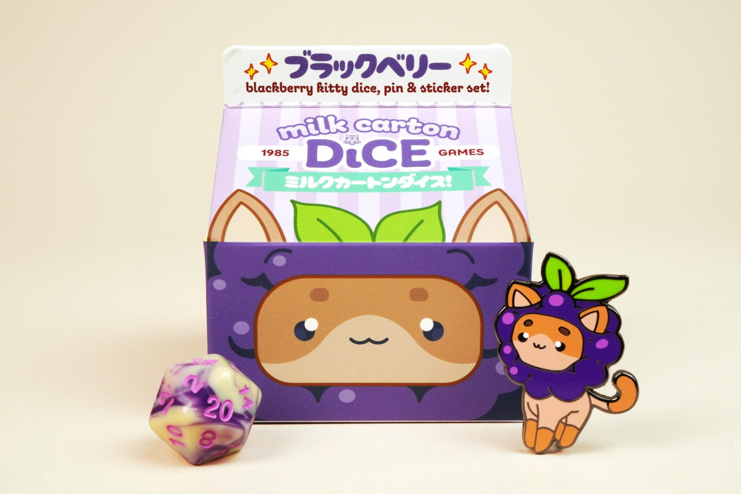 1985 Games Kawaii Cat Dice Set - Acrylic, 2.75 cm, Blackberry, Milk Carton-Inspired for DND & TTRPGs