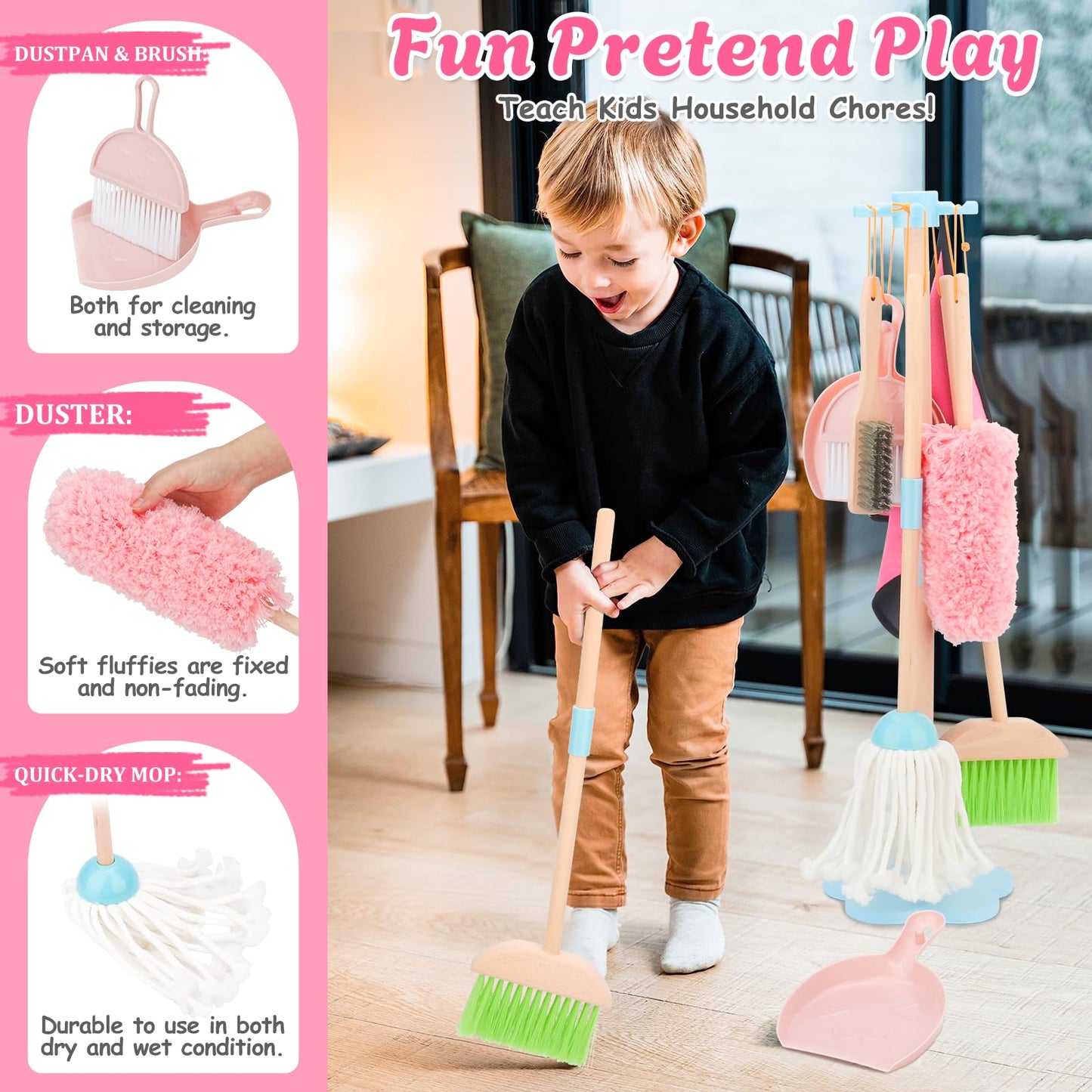 Kids Cleaning Set, Wooden Toddler Broom Set for Housekeeping, 7 Pieces Montessori Cleaning Toys with Kids Broom and Mop Set, Hou