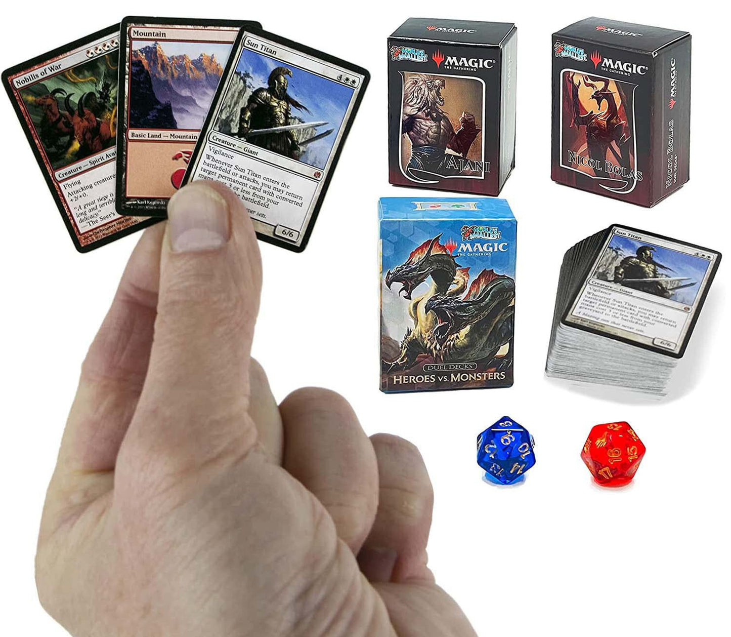 Worlds Smallest Magic: The Gathering Exclusive Collector Set Featuring Ajani Vs. Nicol Bolas And Heroes Vs. Monsters Duel Decks And Exclusive Playing Dice