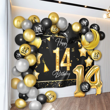 Happy 14Th Birthday Balloons Gold Set Decor - Cheers To 14 Years Old Party Theme Garland Star Moon Banner Backdrop Decorations F
