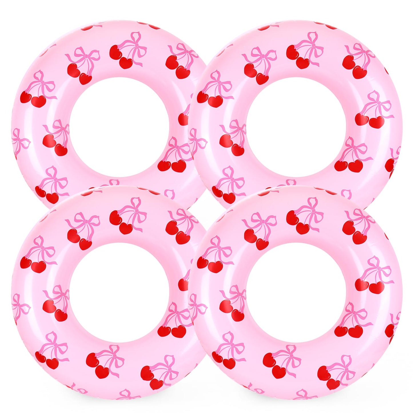 Whaline 4 Pcs Summer Inflatable Swimming Float Toy Swim Ring Pink Cherry Bow Pool Lounger Tube for Teen Boy Girl Swimming Beach 