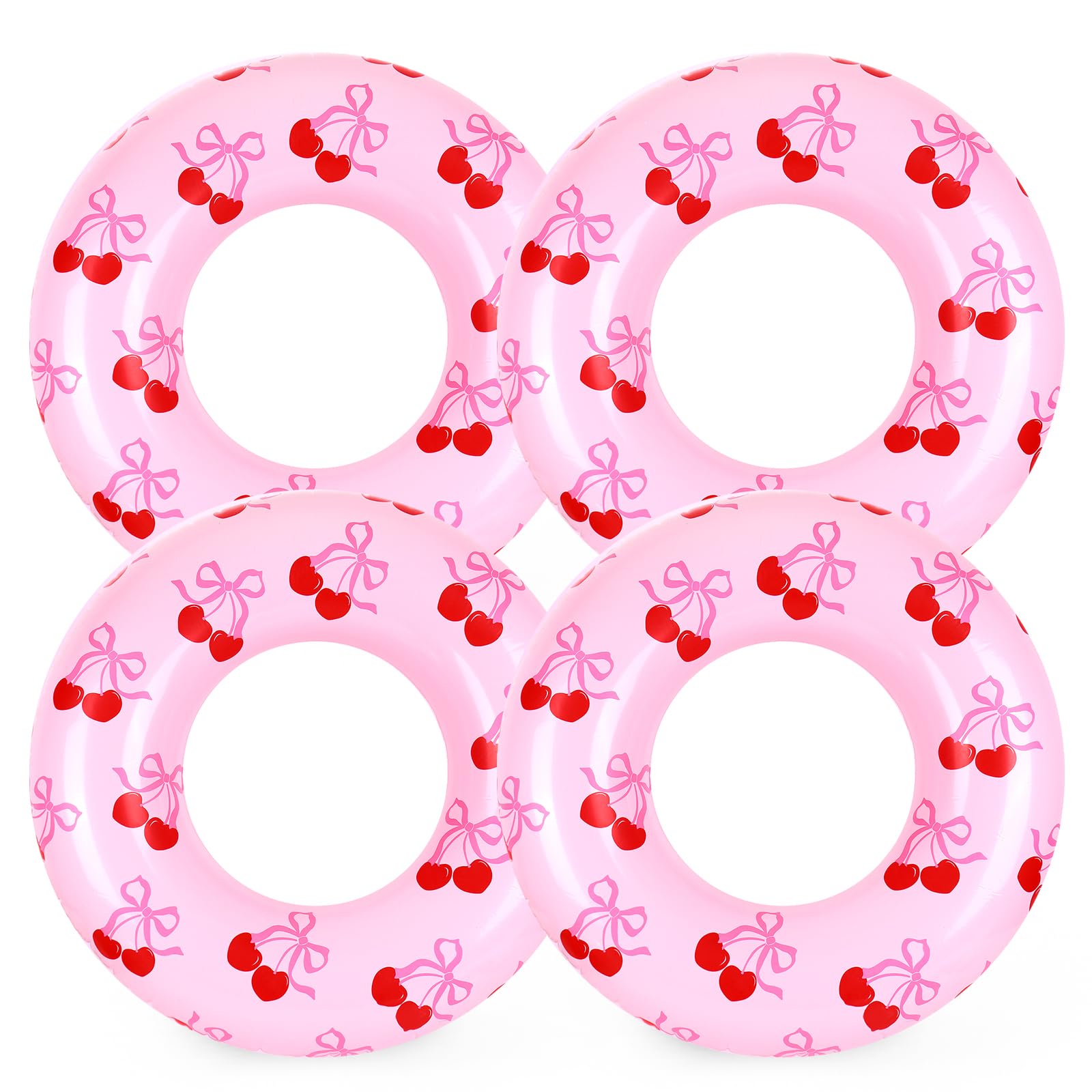 Whaline 4 Pcs Summer Inflatable Swimming Float Toy Swim Ring Pink Cherry Bow Pool Lounger Tube for Teen Boy Girl Swimming Beach 