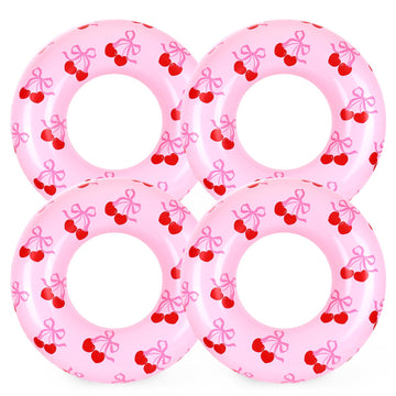 Whaline 4 Pcs Summer Inflatable Swimming Float Toy Swim Ring Pink Cherry Bow Pool Lounger Tube for Teen Boy Girl Swimming Beach 