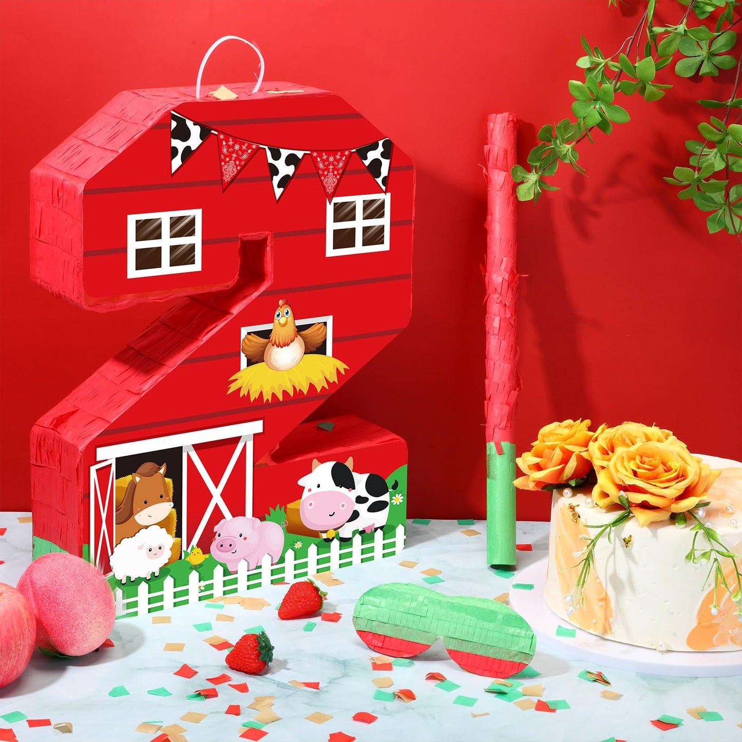 Hungdao Farm Birthday Piñata - Number 2, Red Cardboard Piñata with Blindfold, Bat & Confetti for Boys & Girls Party Decorations