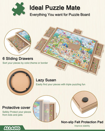 All4Jig 1000 Pieces Rotating Puzzle Board With 6 Drawers And Cover,22''X30''Portable Wooden Jigsaw Puzzle Table For Adults,Lazy