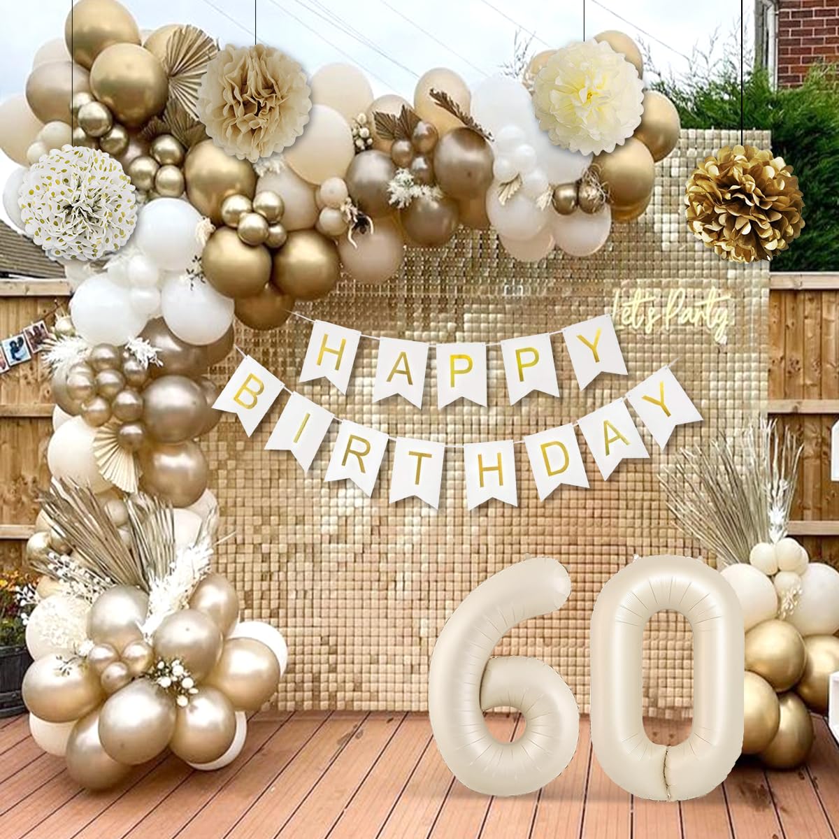 60Th Birthday Decorations, Happy 60Th Birthday Decorations White And Gold Balloons Happy Birthday Banner Tablecloth Fringe Curta