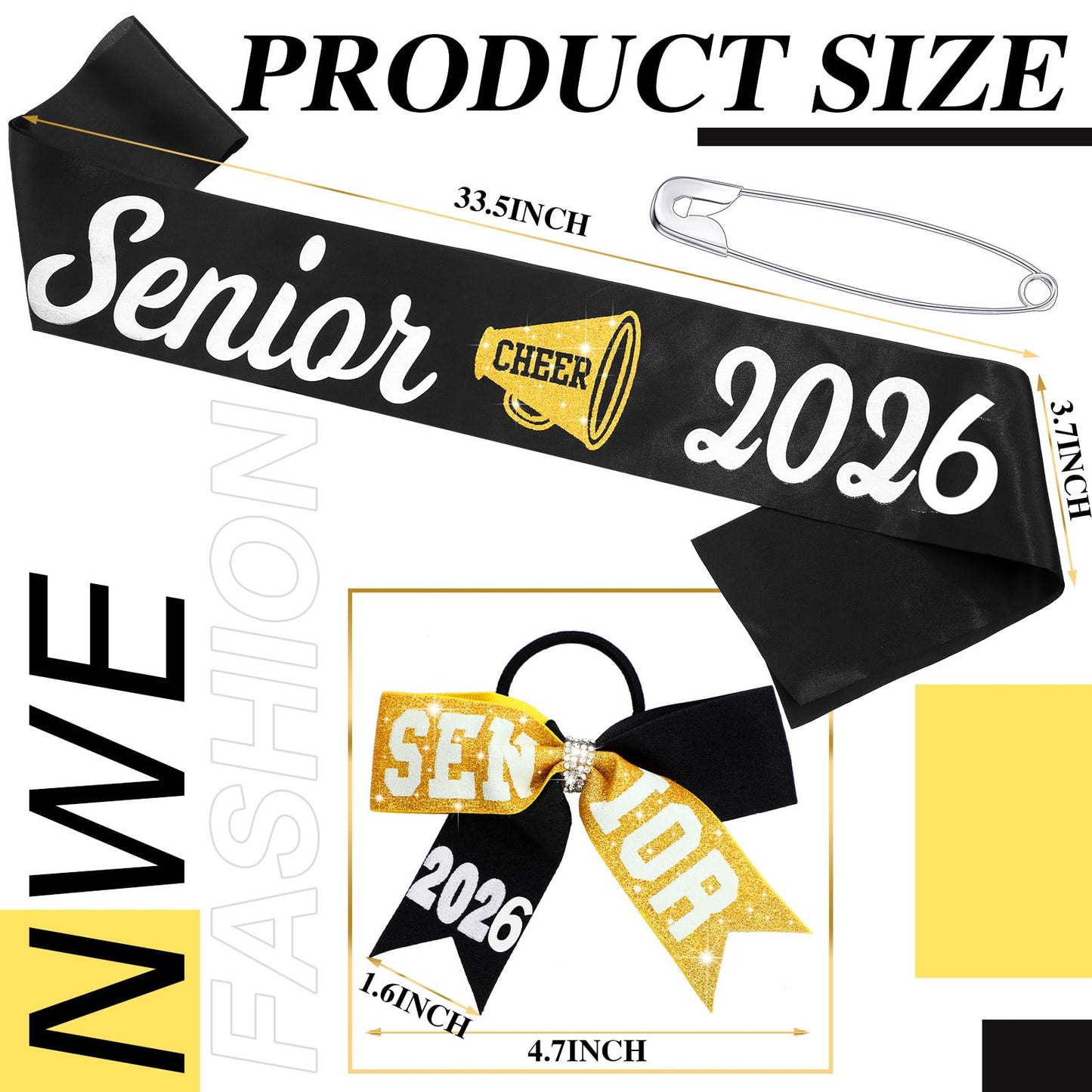 Vinsatin 6 Set Senior Sash Glitter Cheer Hair Bow, Black, 66.93 x 3.74 in, Ribbon, Perfect for Senior Night Decor and Cheerleader Gifts