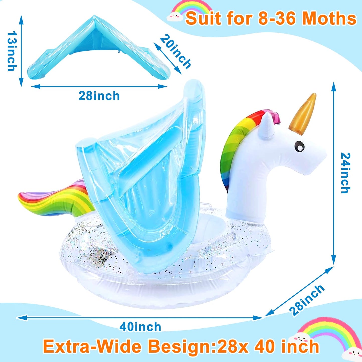 Unicorn Baby Swimming Pool Float With Canopy, Glitters, Seat & Safety Handle, 2024 Summer Baby Floats For Pool, Inflatable Baby Floaties For 8-36 Months Toddler Boy Girl Summer Outdoor Party Favor