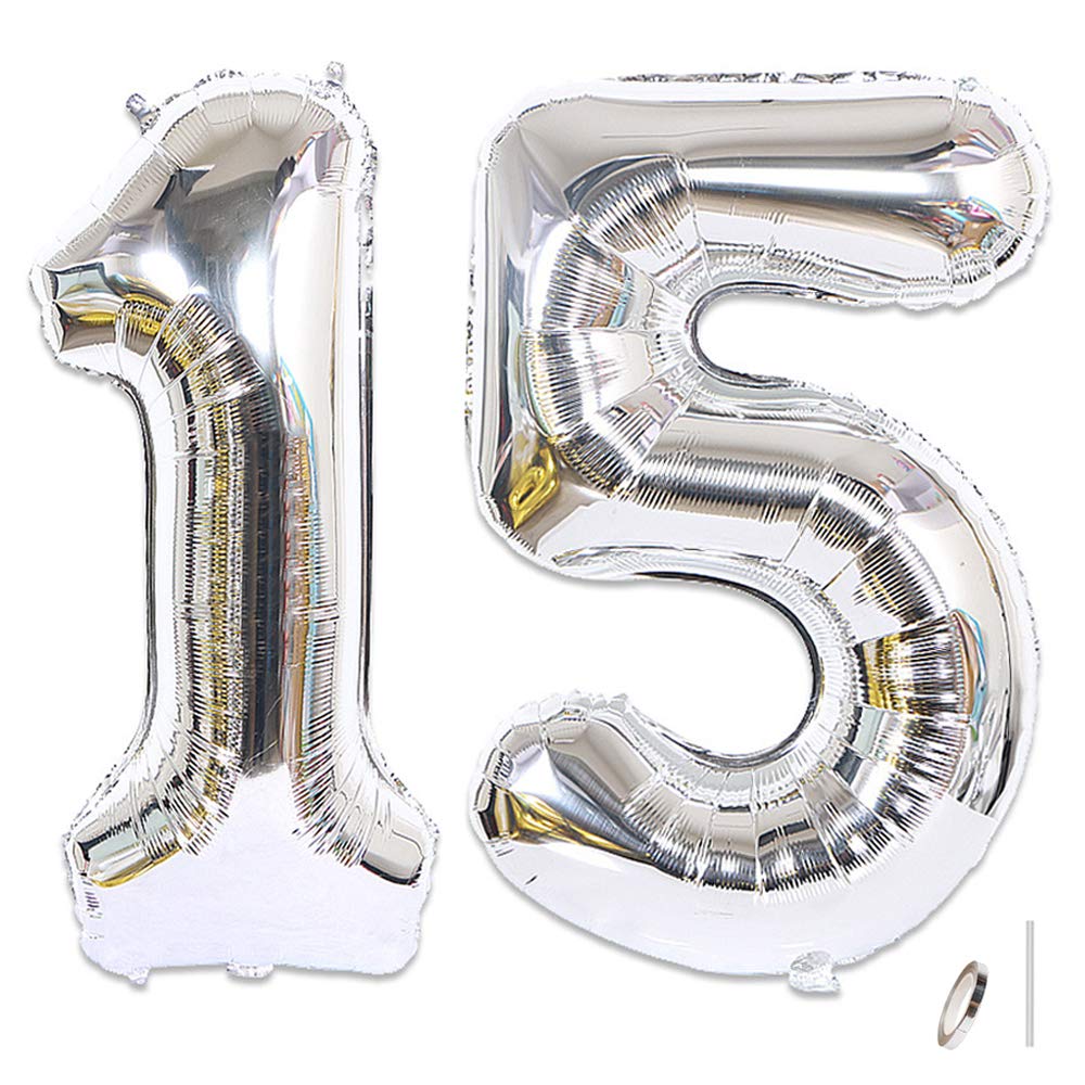 2Pcs 40 Inch Number Balloon Foil Balloons Number 15 Jumbo Giant Balloons Prom Balloon Mylar Huge Number Balloon For Birthday Party Decoration Wedding Anniversary, Xxxl Silver 15 Number Balloon