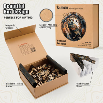 Leogor Large Wood Puzzles Adult Jigsaw - Exquisite Wooden Owl Puzzles For Adults 350 Piece, Unique Animal-Shaped Creative Colorful Mosaic, Challenging Design, 15'' X 14.8''