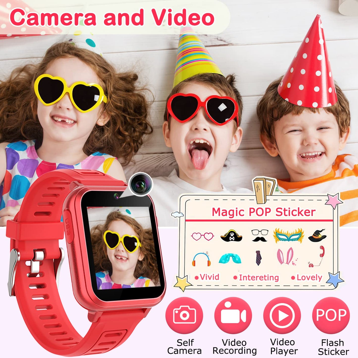 Cosjoype Kids Smart Watch Gift For Girls Age 6-12, 24 Puzzle Games Hd Touch Screen Kids Watches With Video Camera Music Player Pedometer Audiobook 12/24 Hr Toys For 7 8 9 10 11 12 Year Old Girls