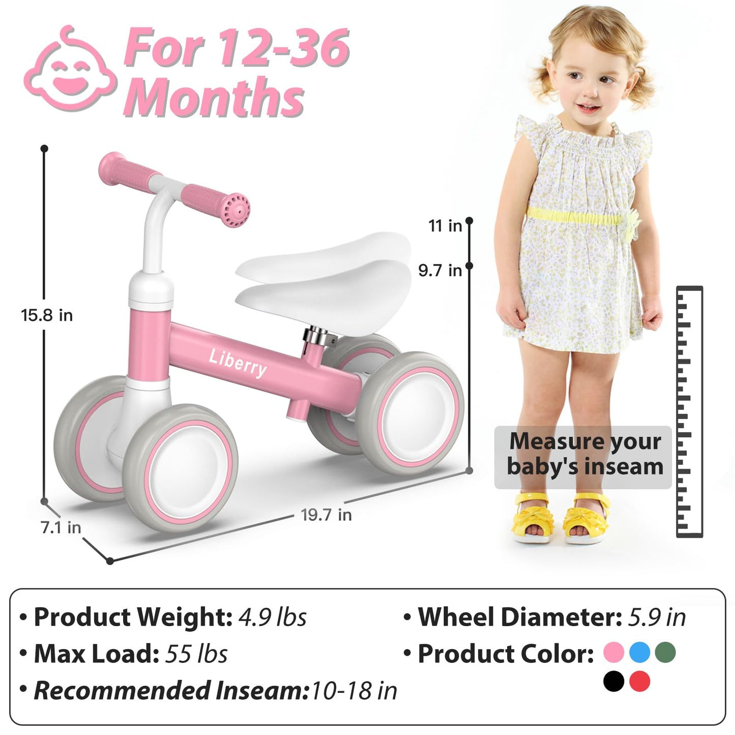 Liberry Baby Balance Bike For 1 Year Old Girls, 4 Wheels Toddler Balance Bike With Adjustable Seat, 12-36 Months Infant'S First