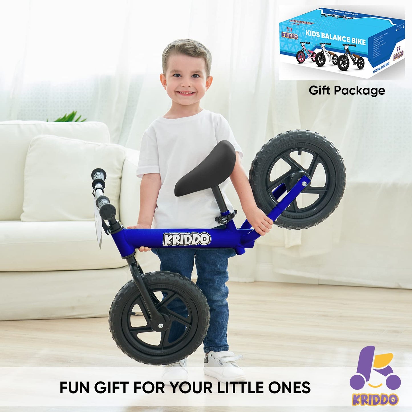 KRIDDO Toddler Balance Bike, 12" Push Bicycle, Ages 18 Months to 5 Years, Blue, Carbon Steel, Model KB002-BLUE, Customizable Stickers Included