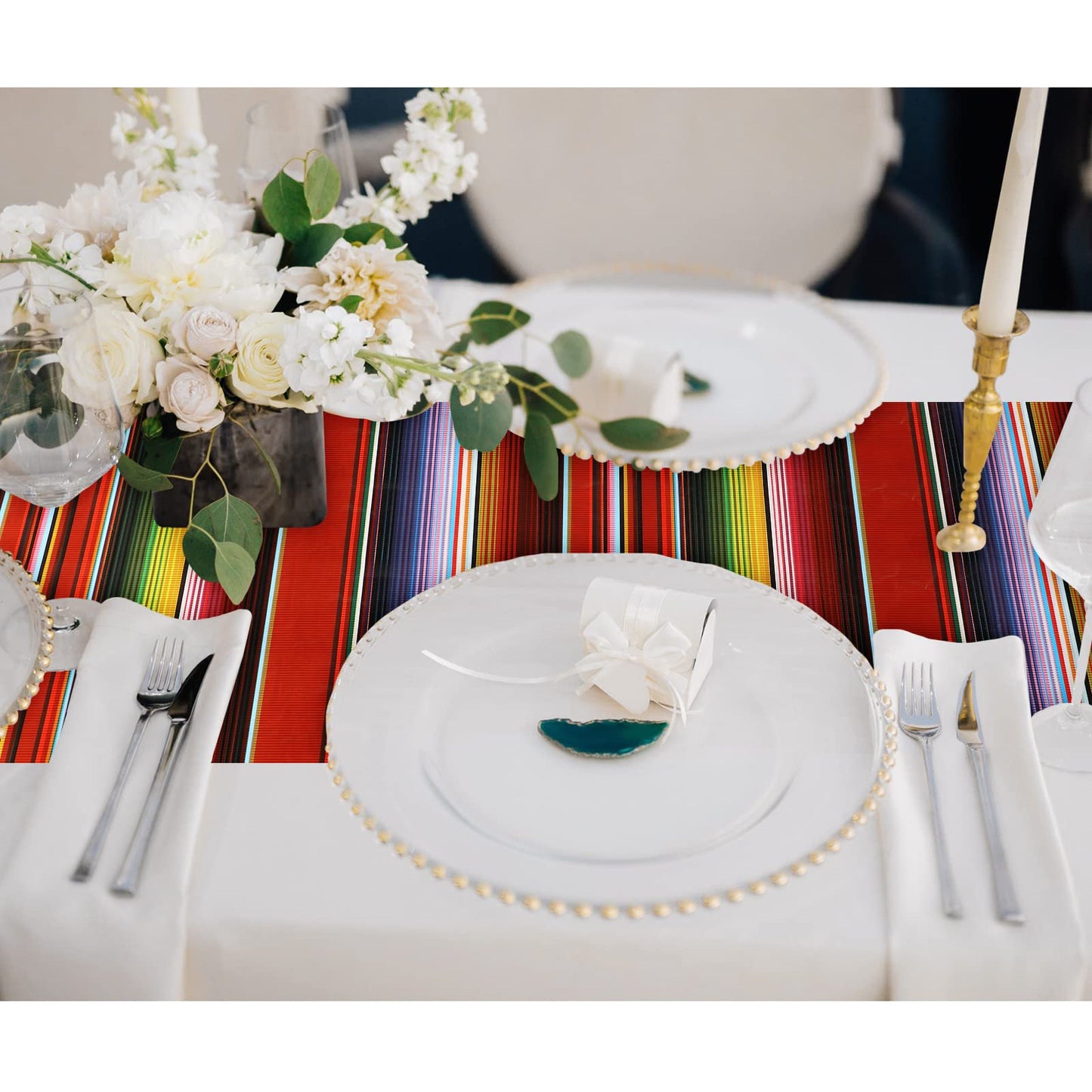 Remagr 3 Pcs Mexican Fiesta Tablecloth 108 x 54 Inch Plastic Striped Table Cover for Mexican Fiesta Party Decorations Supplies(W