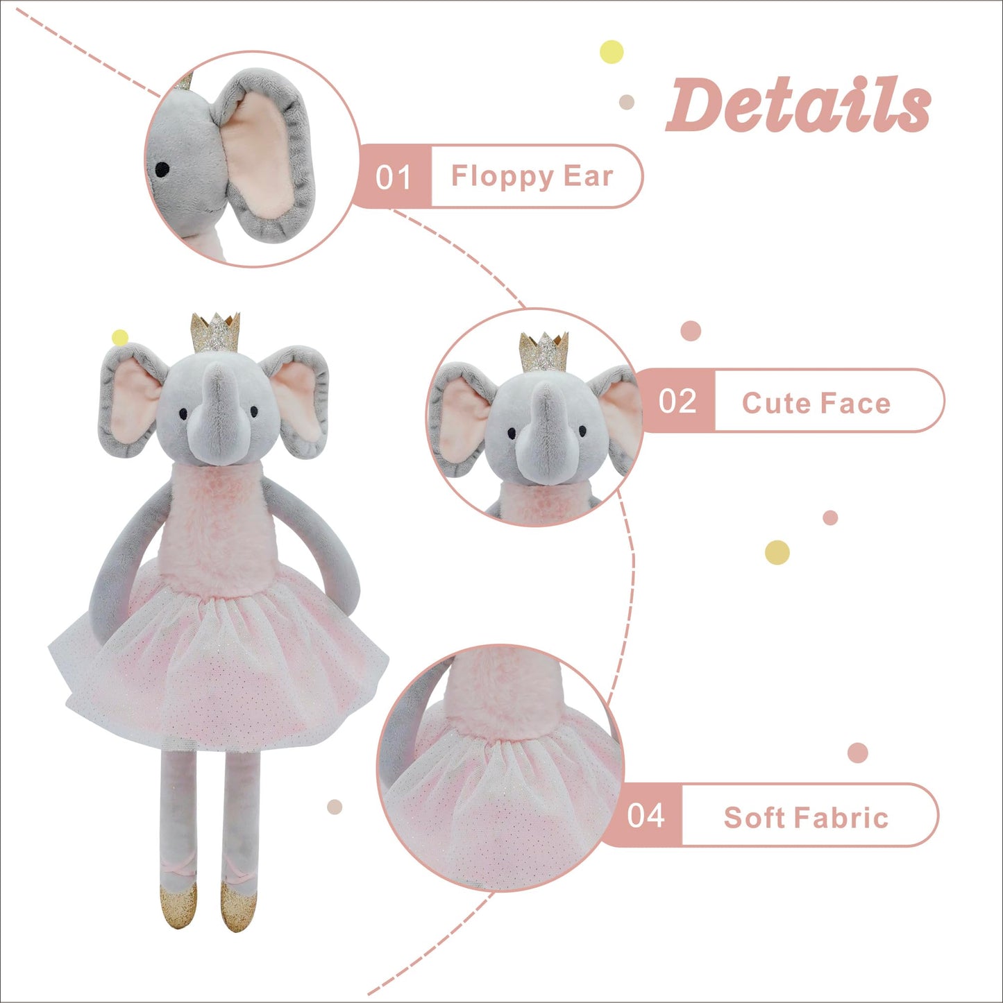 Mikee Fluffie Princess Elephant Stuffed Animals,15.7'' Pink Stuffed Elephant Plush With Skirt And Crown,Cute Stuffed Animal For