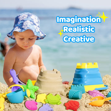 Beach Toy Sand Toy Set for Kids Silicone Foldable Sand Bucket with Summer Mesh Bag, Shovel, Rake, Watering Can, Animal and Castl