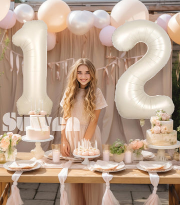 Suwen 40 Inch Cream White Large 12 Number Balloons Big Foil Helium Number Balloons 0-9 Jumbo Happy 12Th Mylar Birthday Party Dec