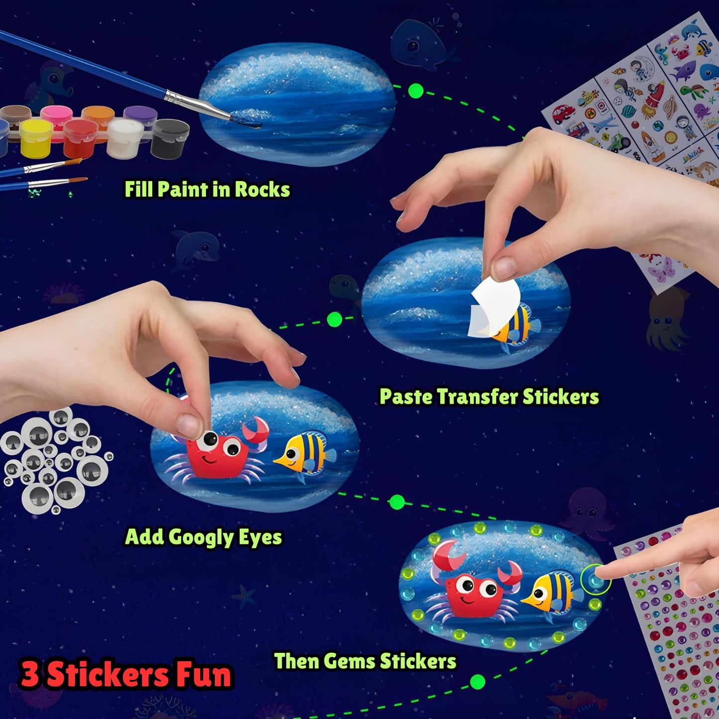 Rock Painting Kit for Kids 6-12 - Glow in The Dark Rock Painting Crafts Set, Arts and Crafts for kids ages 8-12, Stencils for Pa