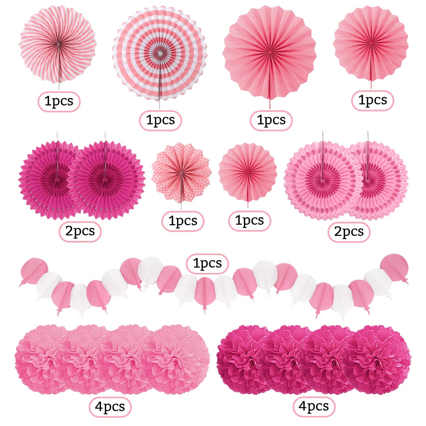 Recosis Party Decorations, Pink Papar Fans Pompoms Garlands For Women Girls Mothers Day Bachelorette Wedding Birthday Baby Showe