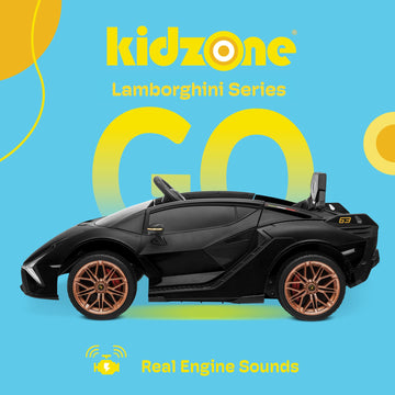 Kidzone Kids 12V Electric Ride On Licensed Lamborghini Sian Roadster Motorized Toy Car With Remote Control, Wheels Suspension, Led Lights & Music - Black With Gold Rim