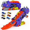 ISMETACU Dinosaur Ultimate Hauler Transport Track Truck - Transforms into Triceratops, Includes 8 Die-Cast Cars, Purple, Model DT-1