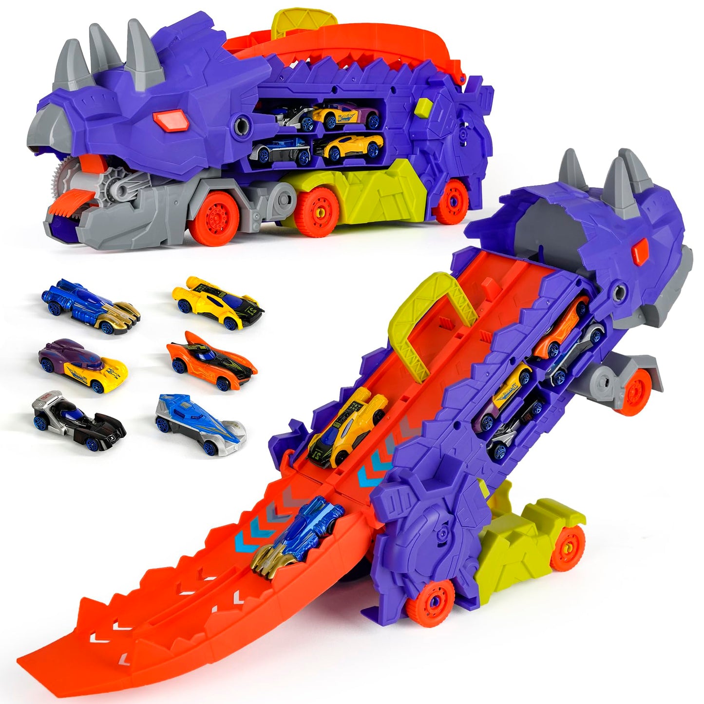 ISMETACU Dinosaur Ultimate Hauler Transport Track Truck - Transforms into Triceratops, Includes 8 Die-Cast Cars, Purple, Model DT-1