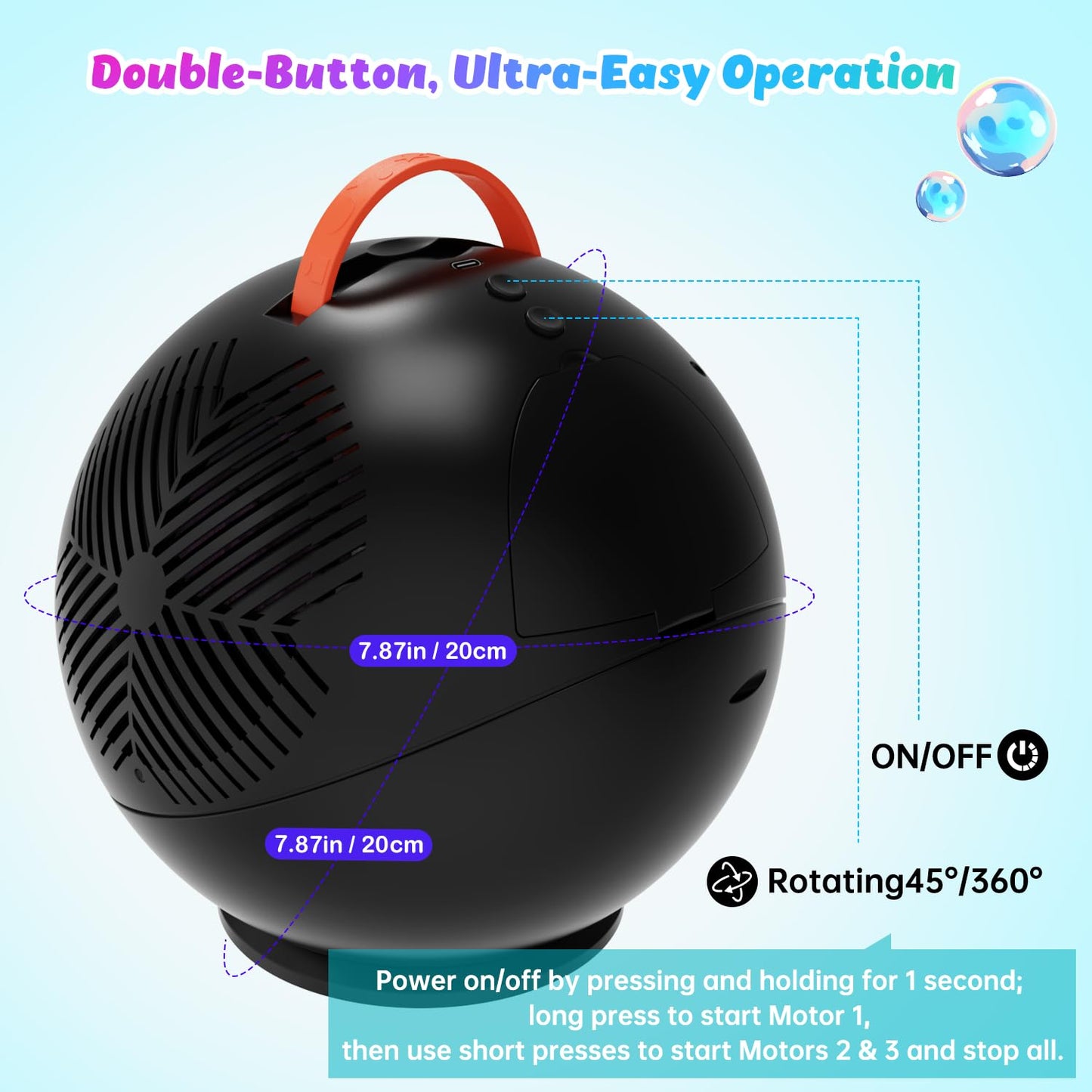 Bubble Machine for Kids Toddlers,45/360 Automatic Rotation Spherical Bubble Maker Toy with RGB Light,Rechargeable Type-C Charge