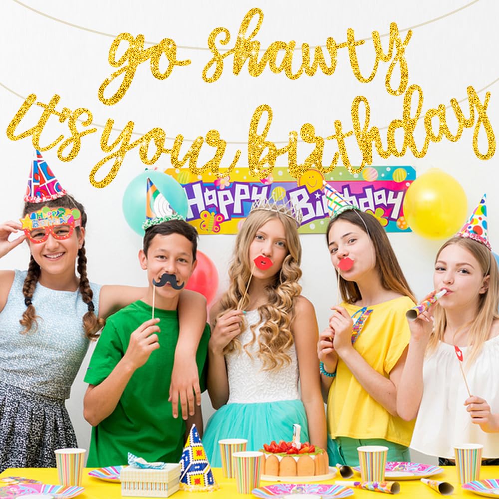 Beishida Gold Go Shawty It'S Your Birthday Banner - 11.4Feet,No Diy - Hip Hop Theme Glitter Happy Birthday Banner - Pre-Strung -