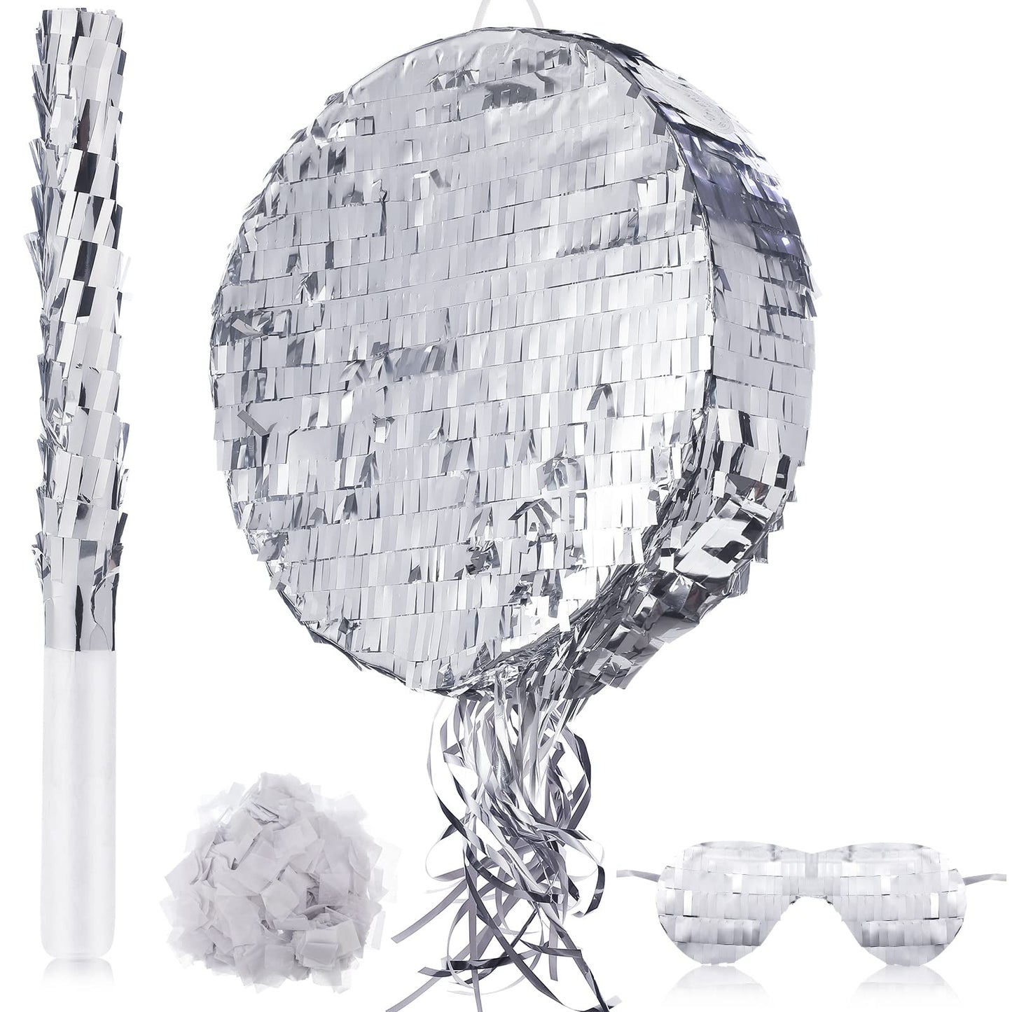 Disco Ball Small Piata with Stick Blindfold and Confetti, Silver Foil Piatas for Birthday Party Kids Adults Retro Birthday Game 