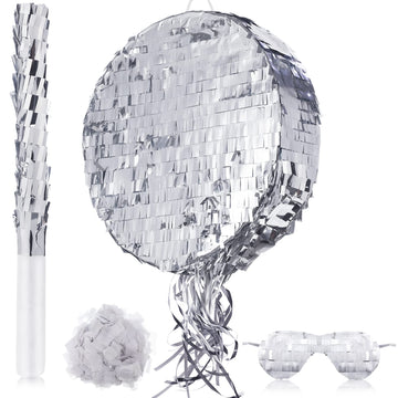 Disco Ball Small Piata with Stick Blindfold and Confetti, Silver Foil Piatas for Birthday Party Kids Adults Retro Birthday Game 