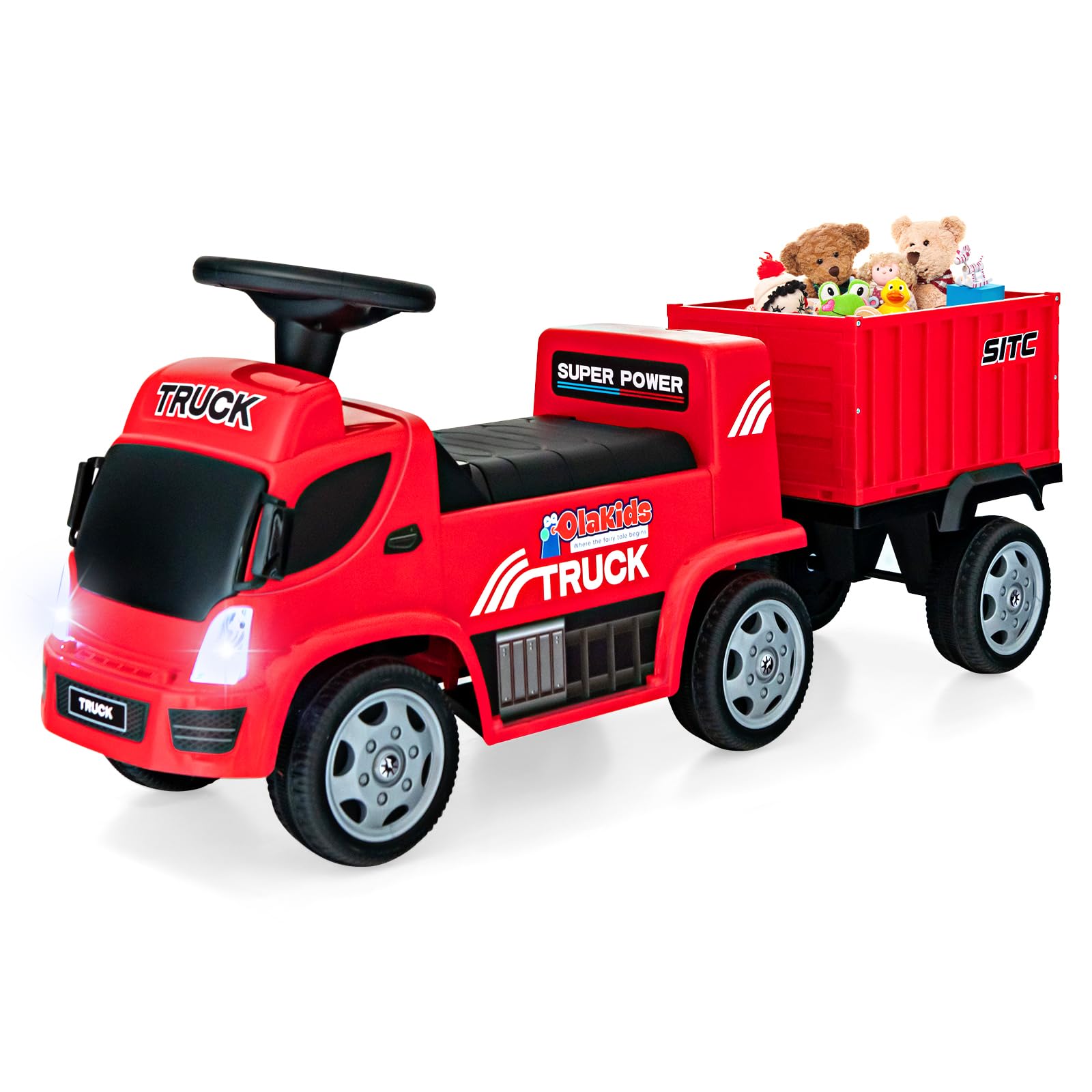 Olakids Kids Ride On Push Car, 2 In 1 Foot-To-Floor Sliding Truck With Detachable Trailer, Steering Wheel, Headlights, Music, Alarm Sound, Toy Walker Gift For Toddlers Age 1.5-3 Boys Girls (Red)