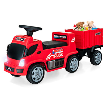 Olakids Kids Ride On Push Car, 2 In 1 Foot-To-Floor Sliding Truck With Detachable Trailer, Steering Wheel, Headlights, Music, Alarm Sound, Toy Walker Gift For Toddlers Age 1.5-3 Boys Girls (Red)