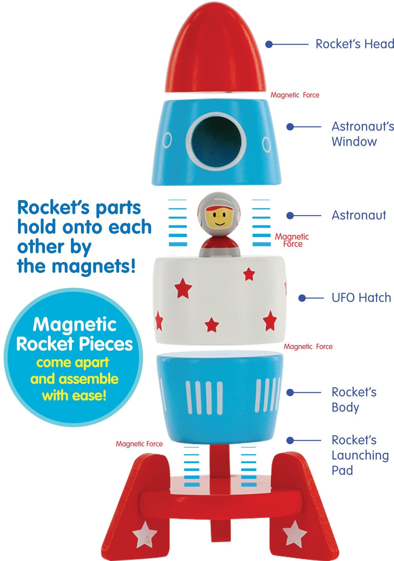 Wooden Stacker Toy Space Rocket - 6 Magnetic Stacking Pieces - Magnet Building Set with Surprise Astronaut Inside, Fun Hands On