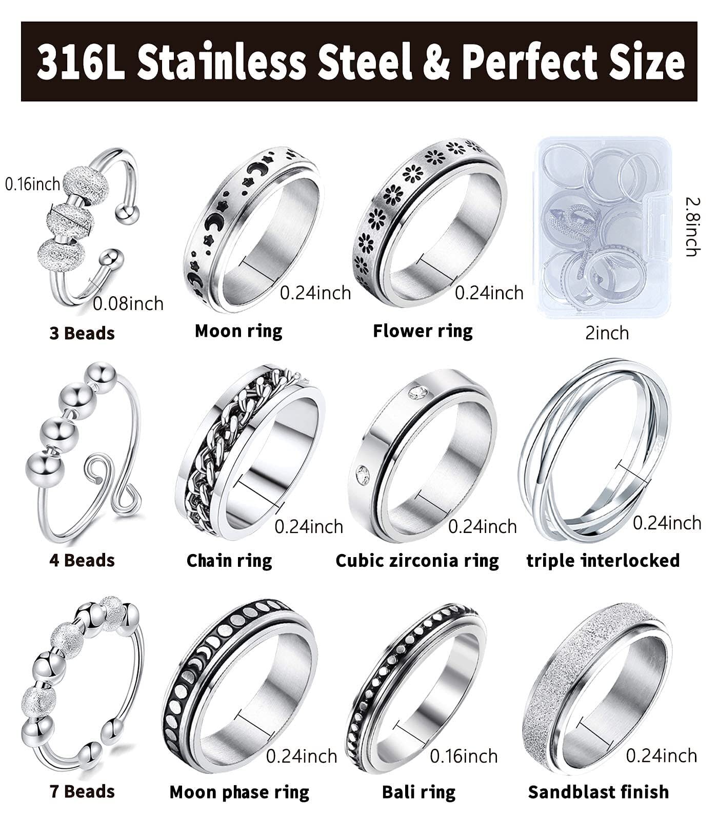 Mucal Fidget Rings For Anxiety 8Pcs Stainless Steel Spinner Ring Anti Anxiety Ring Spinning Moon Star Cool Stress Relieveing Rings For Women Men, Fidget Rings With Beads