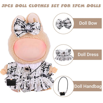 Handcrafted Doll Clothes Set for 15cm/17cm Dolls (No Doll)  Cute and enhanced Outfits Accessories  Stylish Clothes for Birthday Girls Boys Collectors (Black/White Dress + Bow + Bag) AK061GY