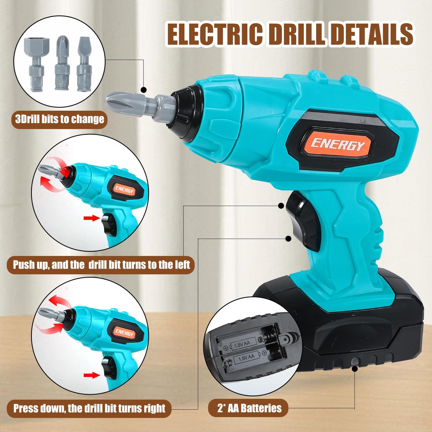 GAIETYDIY Kids Tool Set - Pretend Play Toddler Tool Set with Tool Box, Electronic Toy Drill, Screwdriver, Screw Construction Kit