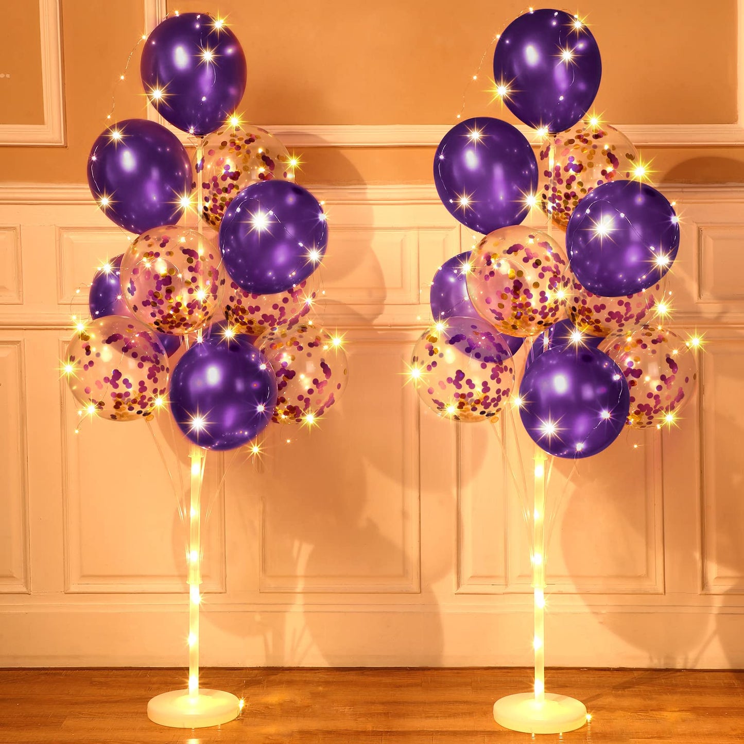 Wettarn 2 Sets Valentine Mardi Gras Floor Balloon Column Stand Kit With Led Lights 40 Pcs Balloons, Column Holder Centerpieces Tower For Baby Shower Birthday Wedding Party(Purple)