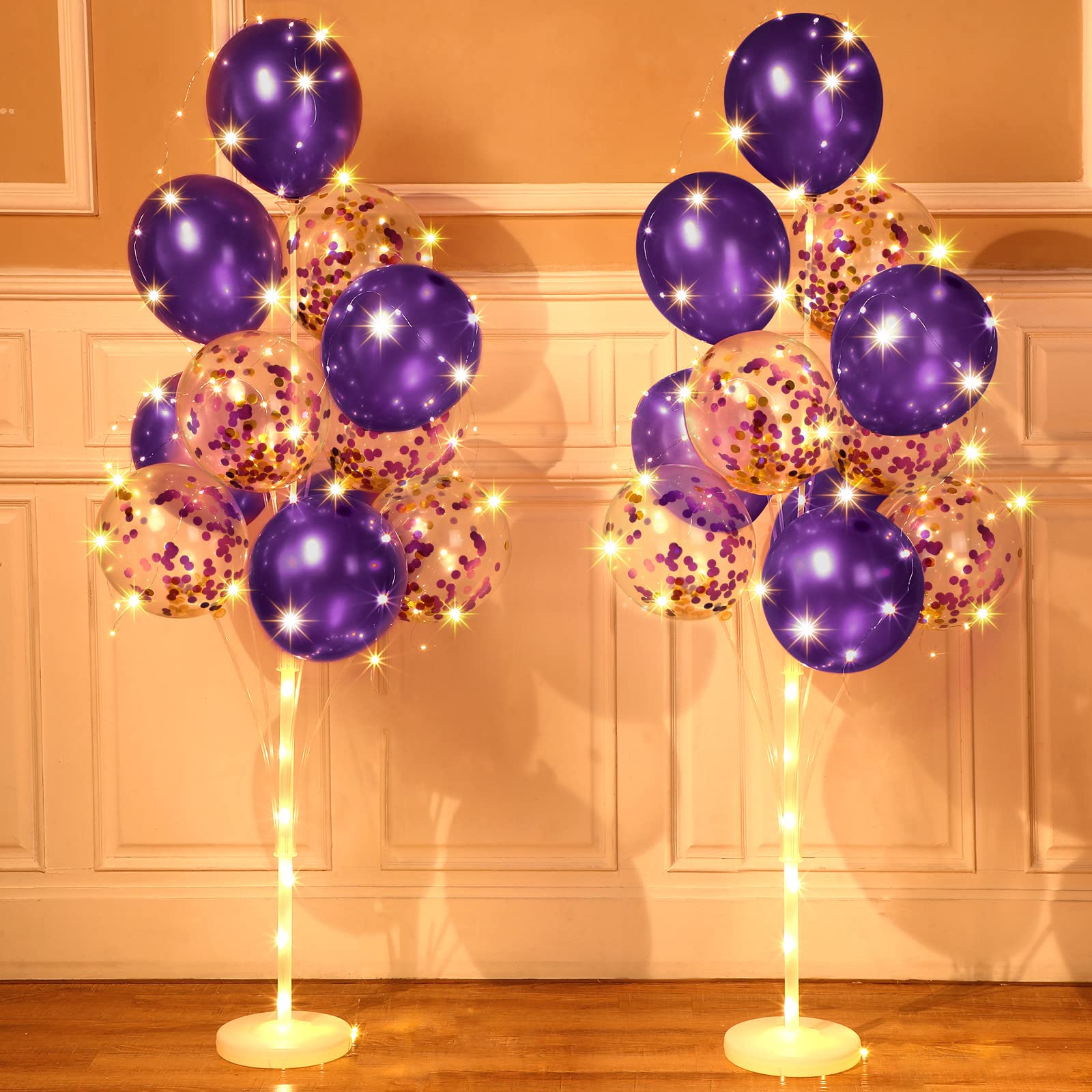 Wettarn 2 Sets Valentine Mardi Gras Floor Balloon Column Stand Kit With Led Lights 40 Pcs Balloons, Column Holder Centerpieces Tower For Baby Shower Birthday Wedding Party(Purple)