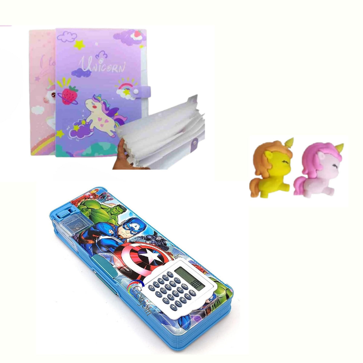 Kalra Magic Kids Stationery Set (4 Pieces)  Unicorn Diary, Calculator Pencil Box & 2 Cute Unicorn Erasers | Fun School Supplies