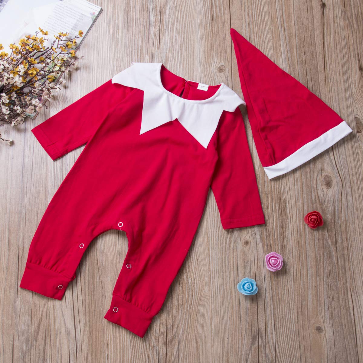 Gureui Newborn Baby Boy Girl Christmas Outfit Elf Costume With Hat Toddler Infant Long Sleeve Romper Onesie (A Red, 6-12 Months)