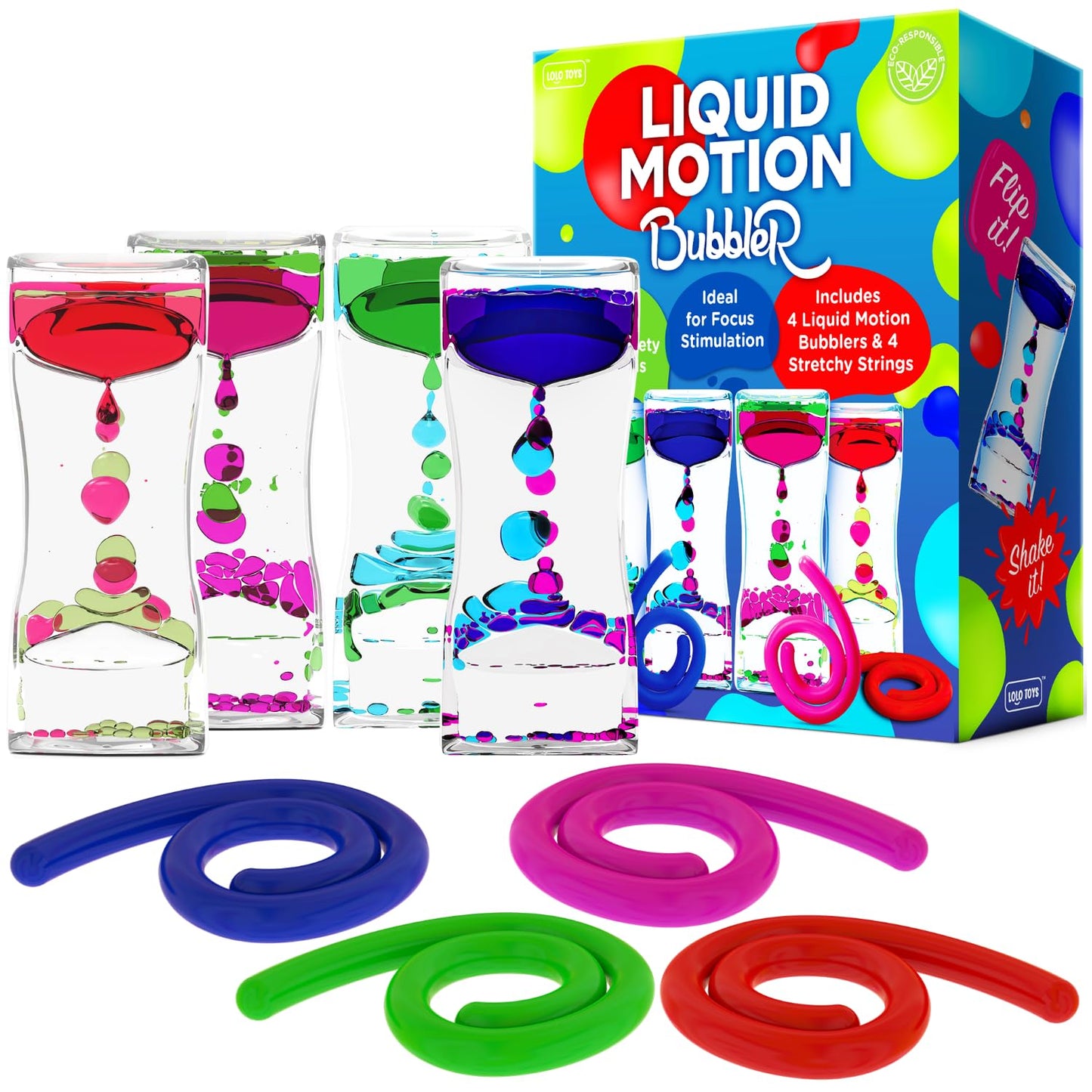 Liquid Motion Bubbler Sensory Toys – 8 Pc Set Bundle Stretchy String Fidget Toys Timer For Stress Relief And Anxiety Relief Great For Adhd Autism Add