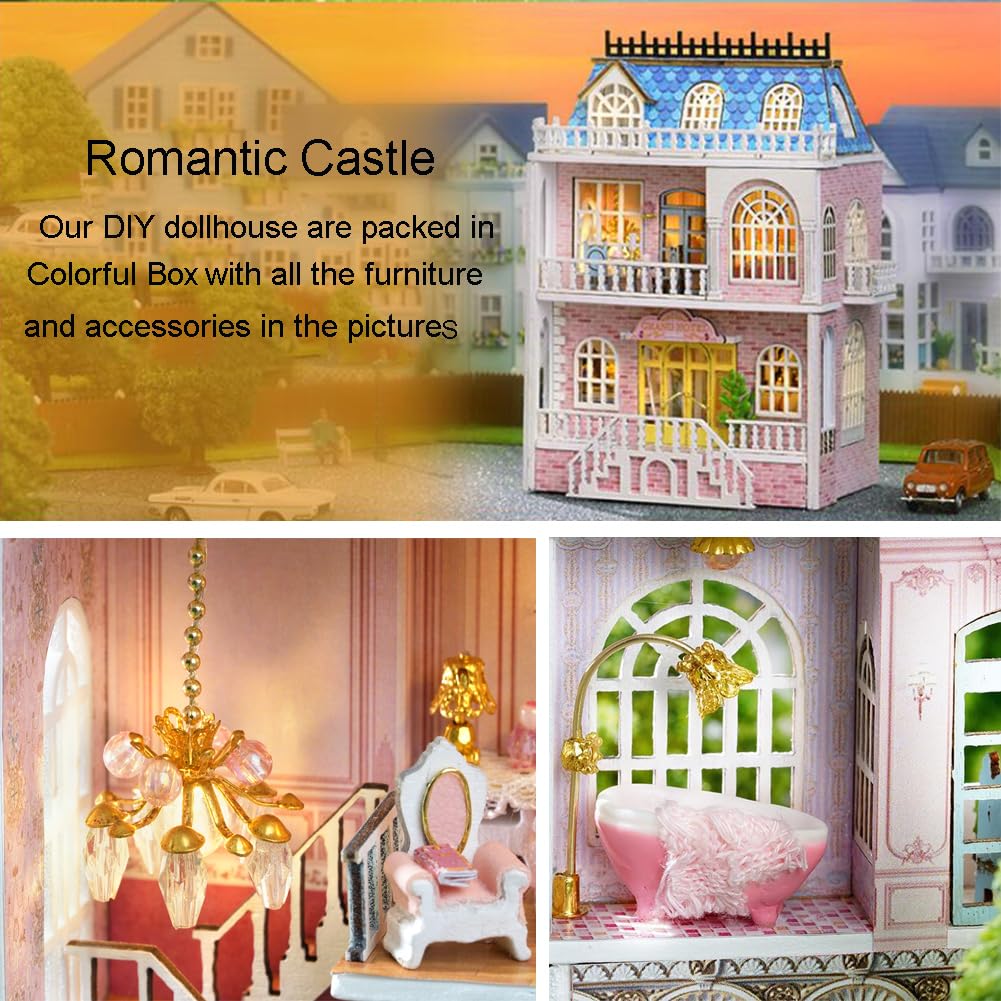 Montidey DIY Miniature Wooden Dollhouse Furniture Kit, 1:24 Scale, LED, Romantic Castle