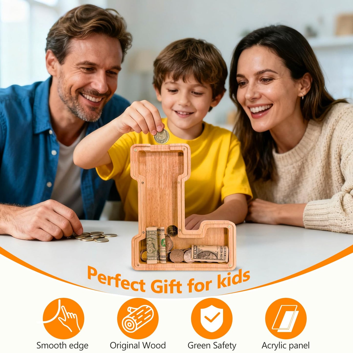 Wooden Letter Piggy Bank for Kids  Initial Coin Bank for Boys and Girls  First Name Personalized Savings Bank for Birthday Boys Girls Gift Piggy Bank for Kids (Wood  S9-L)